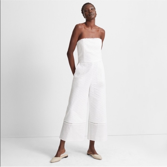 ▪️Club Monaco White Strapless Eyelet Jumpsuit Wide Leg - Picture 1 of 13